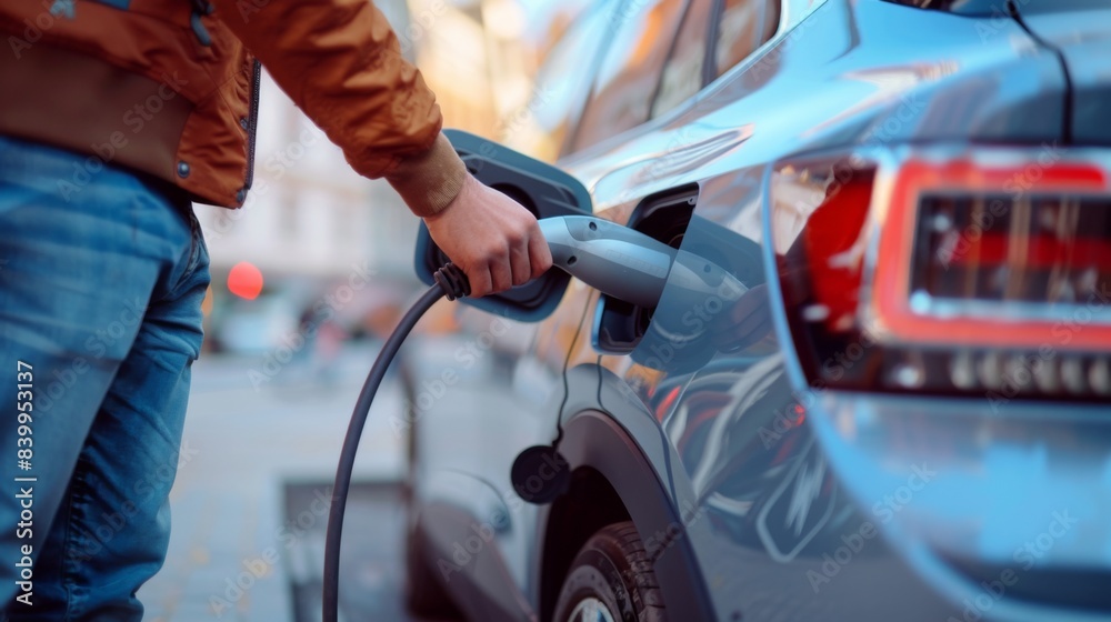 Man inserts a power cord into an electric car for charging in station