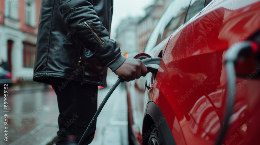 Man inserts a power cord into an electric car for charging in station Man inserts a power cord into an electric car for charging in station