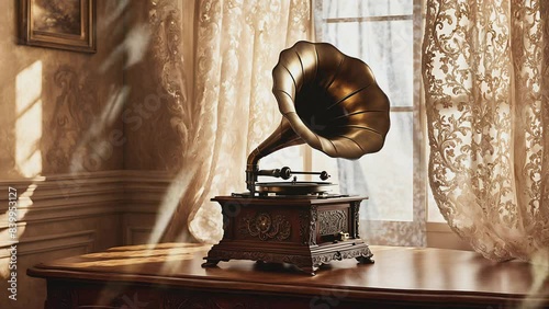 Antique gramophone perched on a table, evoking timeless elegance and classic charm photo