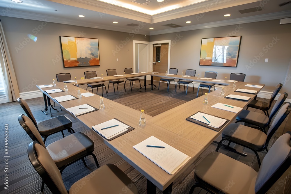A large conference room with a long table and many chairs A large conference room with a long table and many chairs