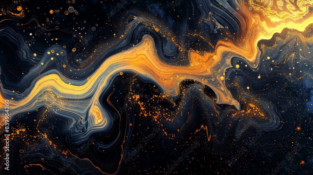 Abstract fluid gold and dark blue swirling patterns creating a dynamic visual effect