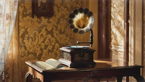 Antique gramophone perched on a table, evoking timeless elegance and classic charm