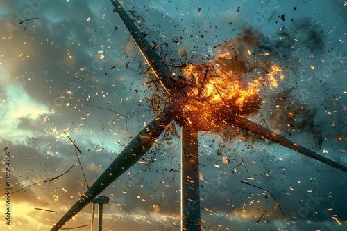 A wind turbine exploding with fiery debris scattering, creating a dramatic and intense visual of destruction.