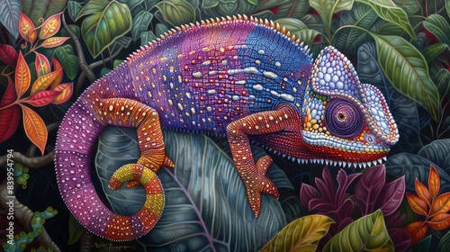 An intricate drawing of a chameleon blending into its colorful surroundings.