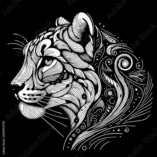 The head of a leopard that growls, a black and white abstract drawing of a tattoo emblem on a black background.