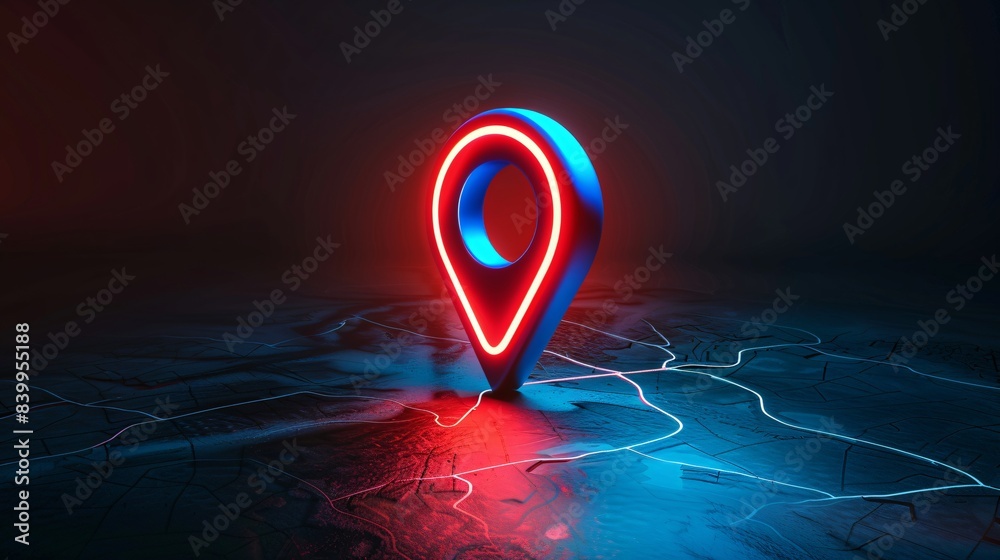 A blue location pin icon with earbuds coming out of it, 3D rendering illustration. A simple red and dark background with minimal gradient for the map mark pin location icon on mobile app or website. A blue location pin icon with earbuds coming out of it, 3D rendering illustration. A simple red and dark background with minimal gradient for the map mark pin location icon on mobile app or website.