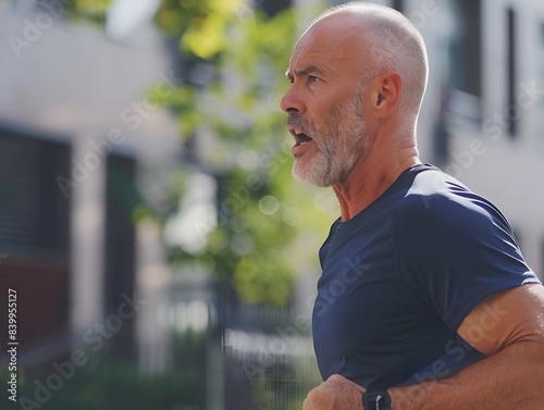 Senior old Caucasian man is running in a park with a blue shirt on  © Moon Story