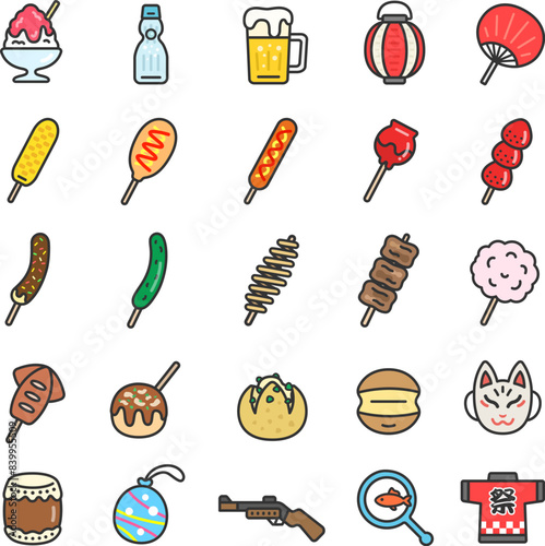夏祭りのアイコン（線画カラー）のイラストセット
