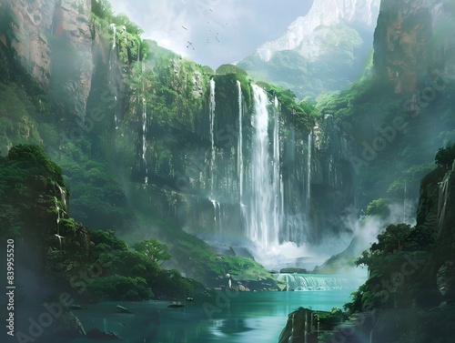 A lush green valley with a waterfall and a river