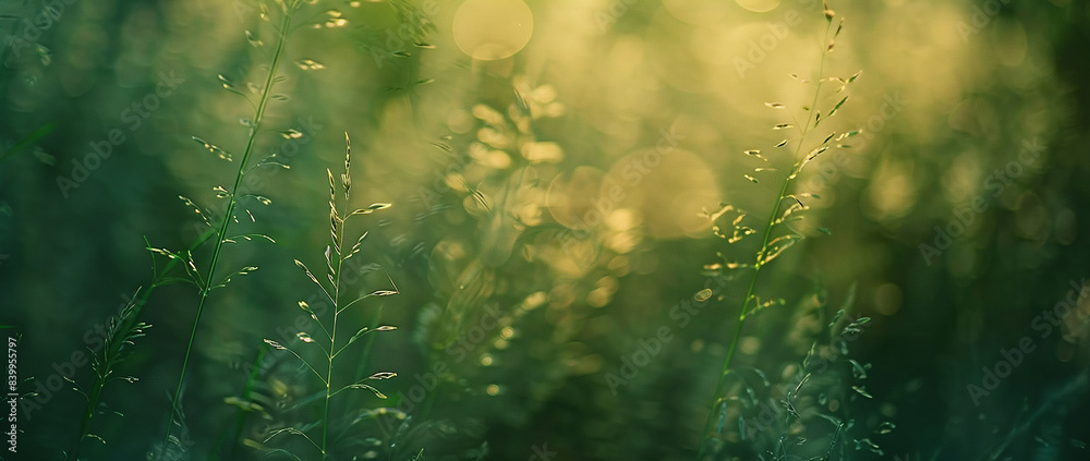 Obraz premium Beautiful blurred background of lush green grass in the meadow. Nature banner with copy space, close up. 8k, real photo, photography in the style of nature.