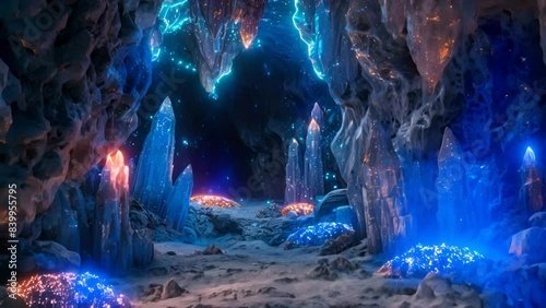 3D Illustrate of a mystical crystal cave, glowing minerals and intricate rock formations in a hidden underground world photo
