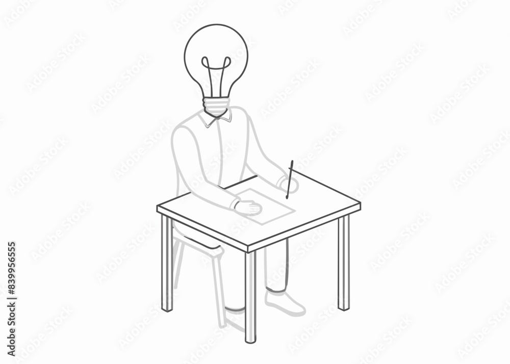 Continuous one line drawing of man with bulb as head reading book on the armchair. Bulb head reading book in single outline vector illustration. bulb head, idea concept Continuous one line drawing of man with bulb as head reading book on the armchair. Bulb head reading book in single outline vector illustration. bulb head, idea concept