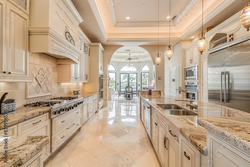 The kitchen has the most perfect kitchen set with a luxurious counter, dining table and comfortable sofa corner. © Mark Pollini