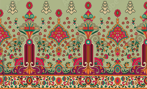 color full Floral Gold Foil Pattern ,digital textile design motif with geometrical border seamless and ethnic style decoration print, fabric.