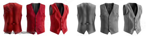 2 Set of red maroon grey gray tailored smart suit vest button waistcoat coat, front back side view on transparent background cutout, PNG file. Mockup template for artwork design