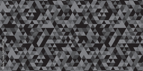 Abstract geometric black and gray background seamless mosaic and low polygon triangle texture wallpaper. Triangle shape retro wall grid pattern geometric ornament tile vector square element texture.