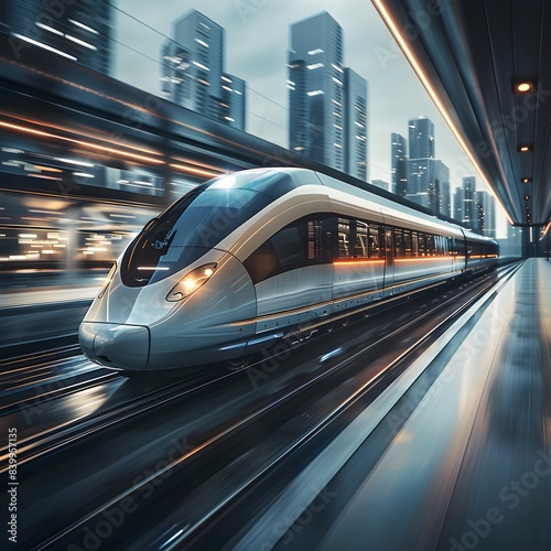 High Speed Futuristic Train Zipping Through Sleek Urban Cityscape in Motion Blur © Thares2020