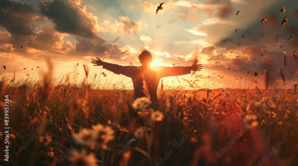 Fototapeta premium A person is standing on the beach with his arms outstretched, surrounded by a flock of birds. The scene is serene and peaceful, with the man and birds both enjoying the beauty of the sunset