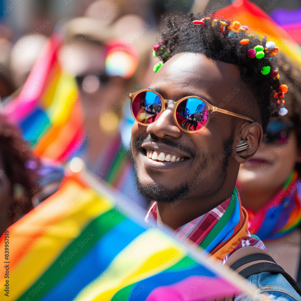 LGBTQIA pride parade with vibrant flags and smiling faces LGBTQIA pride parade with vibrant flags and smiling faces