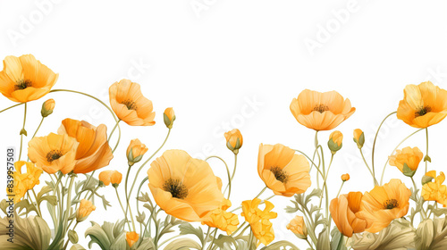 Bright yellow-orange poppy flowers against a white background. Perfect for nature-themed designs and springtime decorations.