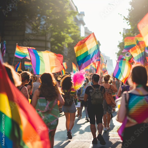 LGBTQIA pride parade with vibrant flags and smiling faces