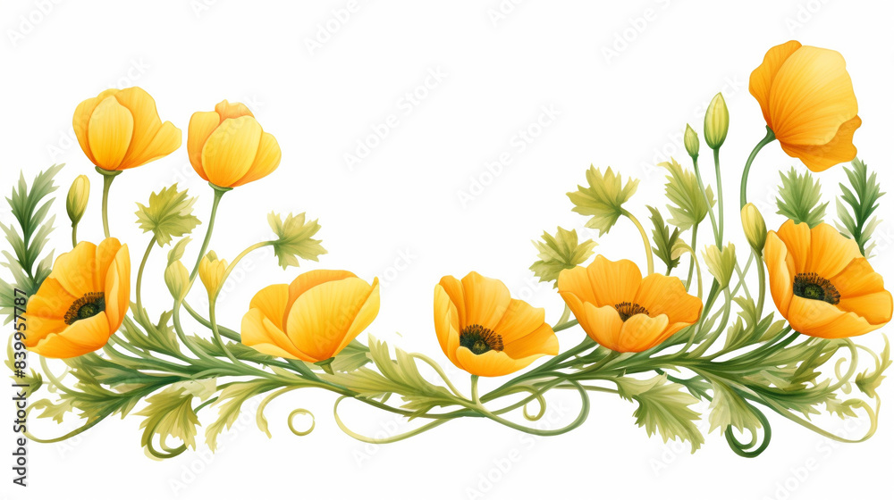 Fototapeta premium a beautiful floral border with yellow poppy flowers and green leaves, perfect for decorative designs.