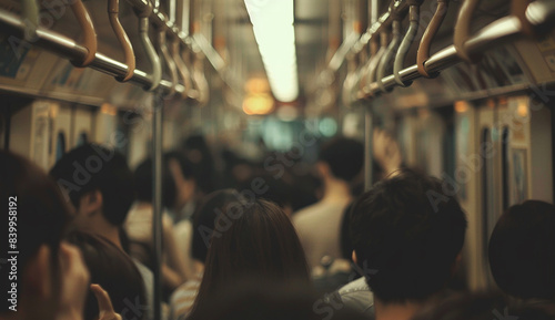 Highly crowded train car in Japan, people holding onto the handrail with their hands, black T-shirts, blurred background, photo taken from behind in the style of an anonymous photographer © Sourav Mittal