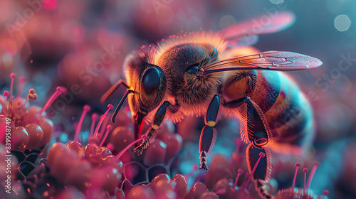 close-up of a bee pollinating a vibrant flower and nature © Atchariya63
