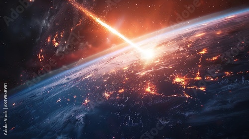 A fiery meteor streaks across the sky, leaving a trail of destruction as it impacts Earth. photo
