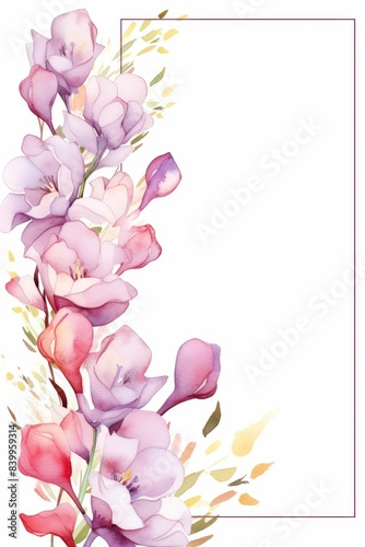 freesia themed frame or border for photos and text. iwith fragrant blooms in various colors. watercolor illustration, white color background. 