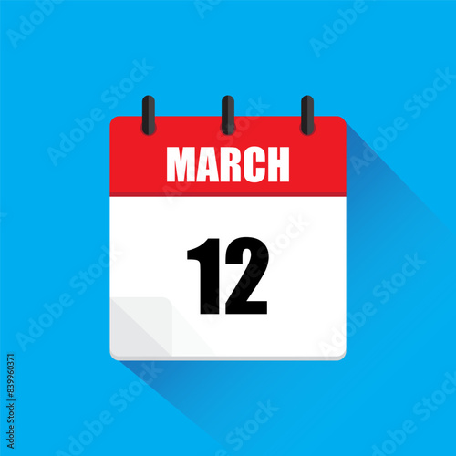 March 12 calendar. Red and white. Blue background. Vector illustration.