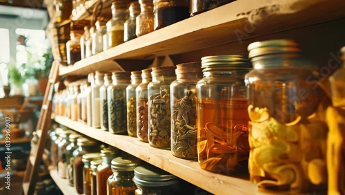 Wallpaper Mural Glass jars and bottles on shelves, containing natural organic food ingredients Torontodigital.ca