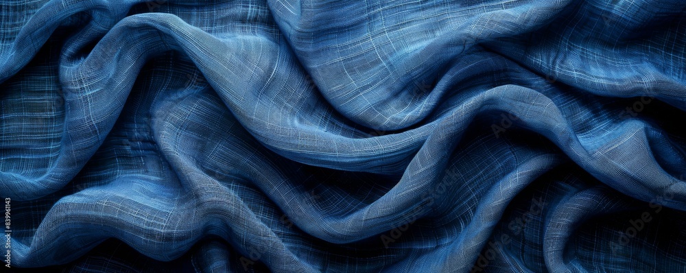 Natural light highlighting the wavy folds and detailed texture of blue linen fabric, top view against a dark background Natural light highlighting the wavy folds and detailed texture of blue linen fabric, top view against a dark background