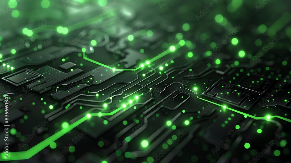 Abstract digital circuit board with glowing green lines and nodes. A ...