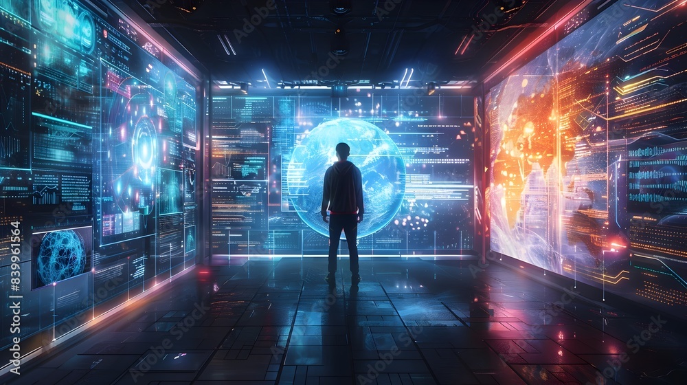 Futuristic Digital Art Gallery with Holographic Guides and Virtual Reality Exhibits