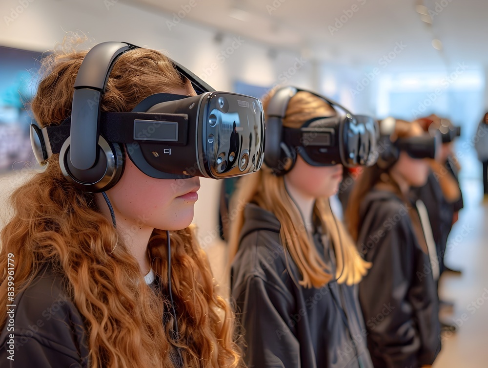 Students Participating in Virtual Field Trip Using VR Headsets for Immersive Learning Experience