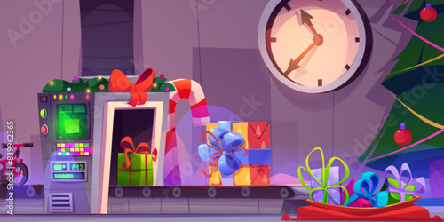 Christmas Santa Claus factory with wrapping gift boxes process on manufacturing automated conveyor belt and bag with presents, decorated tree and clock. Cartoon vector xmas holiday workshop.