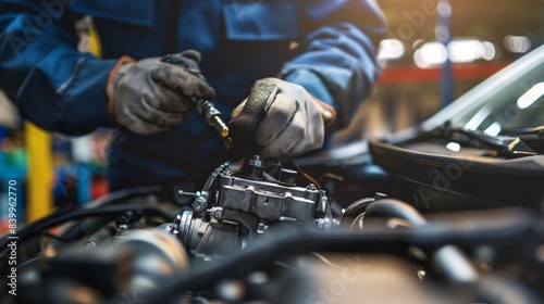 Mechanic Working on Car Engine in Well-Organized Auto Shop