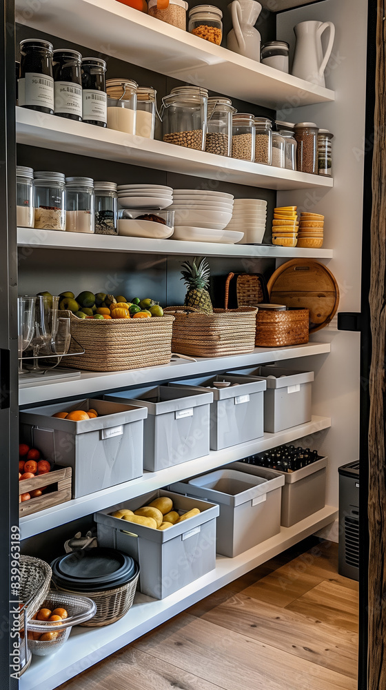 A neatly arranged pantry featuring fresh produce, jars of dry goods, and wicker baskets on white shelves for organized storage.
A neatly arranged pantry featuring fresh produce, jars of dry goods, and wicker baskets on white shelves for organized storage.