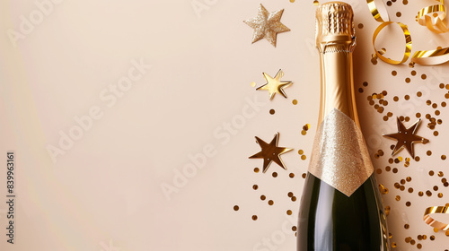 A champagne bottle surrounded by golden stars, ribbons, and confetti, perfect for celebrations and special occasions. 