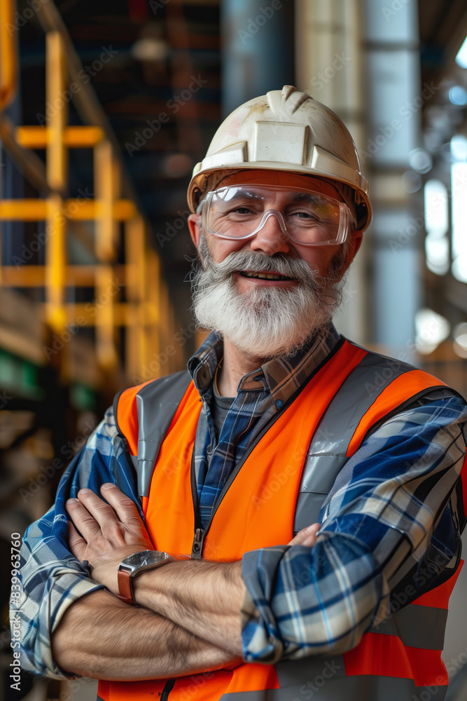 A cheerful senior construction worker with a white beard and hard hat, standing confidently at an industrial site.
