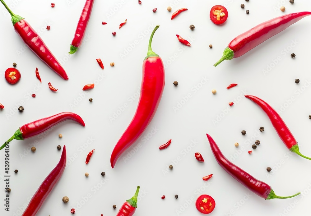 Close-up of a red chili pepper and its slices on a white background, representing raw food ingredients. Close-up of a red chili pepper and its slices on a white background, representing raw food ingredients.