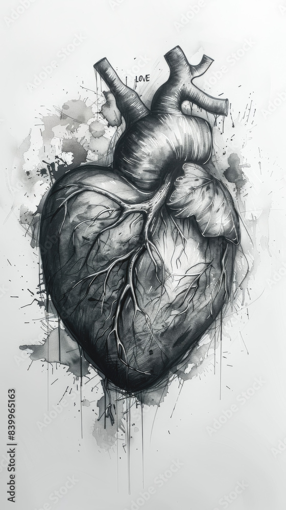 Obraz premium Anatomical watercolor heart, black and white illustration.