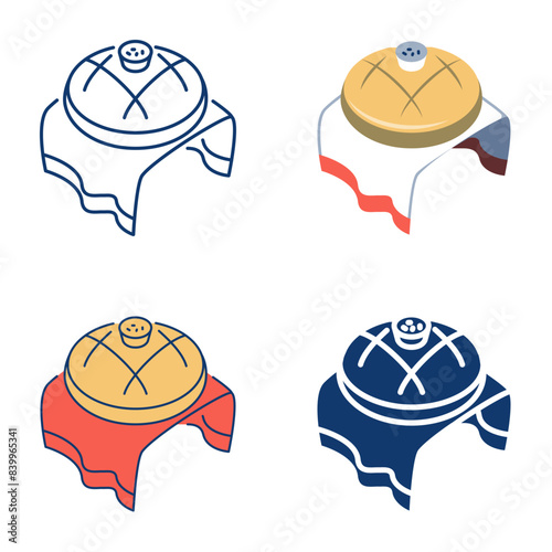 Traditional karavai icon set in flat and line style. Slavic bread and salt welcome tradition. Vector illustration.