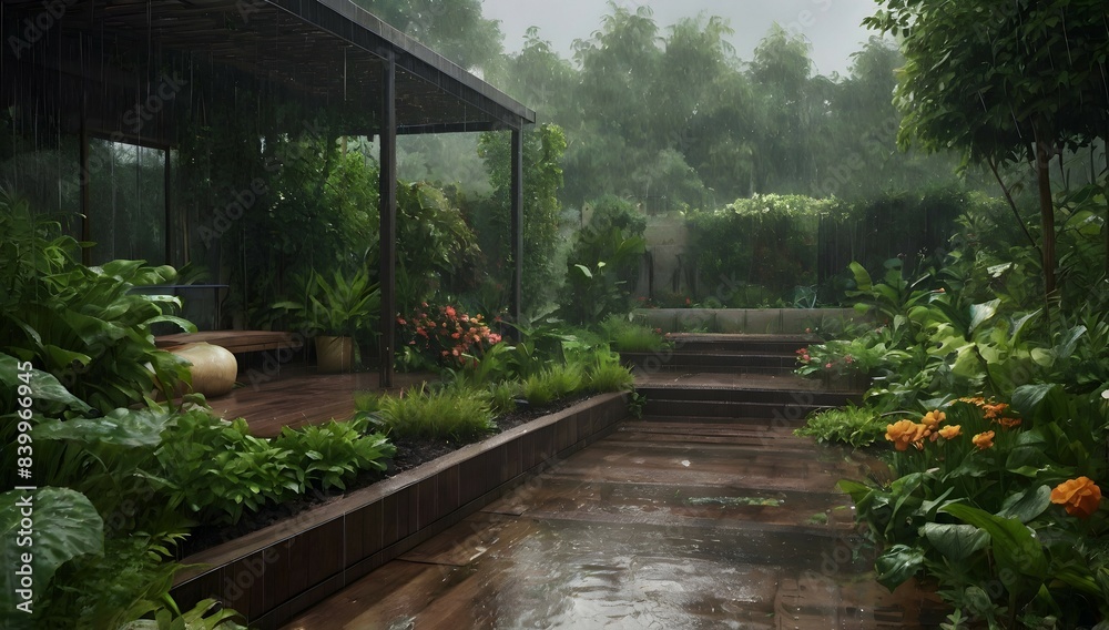Garden atmosphere raining. Realistic landscape Garden atmosphere raining. Realistic landscape