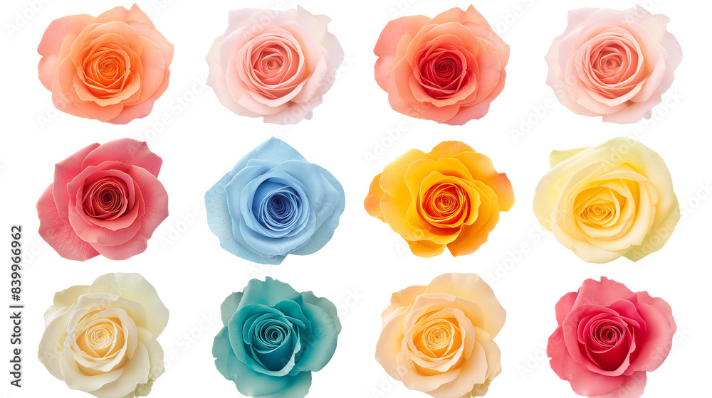 Pattern of roses, Collection set of salmon pink blue rainbow yellow stalk of rose roses flower floral top view on transparent background Pattern of roses, Collection set of salmon pink blue rainbow yellow stalk of rose roses flower floral top view on transparent background