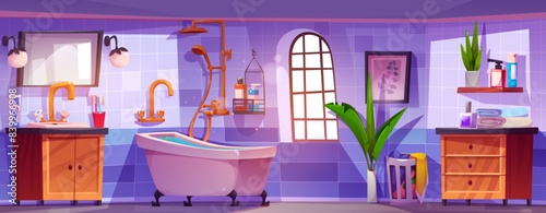 Modern bathroom interior design. Vector cartoon illustration of tiled room with bath, shower, sink and mirror, body care cosmetic bottles, towels, green plant on wooden shelf, daylight in window