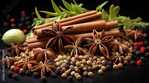 Food concept origin Chinese Five Spice Star Anise, Fennel Seeds, Szechuan Peppercorns, Whole Cloves and Cinnamon Stick on black