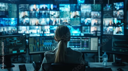 Person monitors a vast array of screens in a modern security operation center, overseeing information flow and ensuring data security.