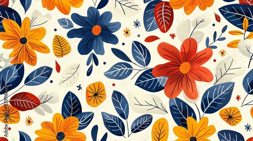 Seamless pattern of vibrant orange and blue flowers with leaves on a white background  perfect for fabric  wallpaper  and textile designs.